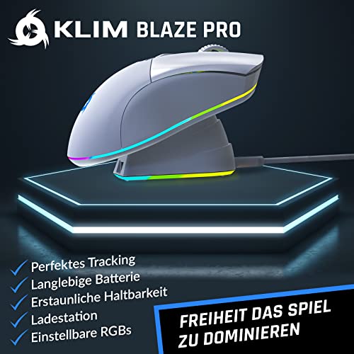 KLIM Blaze Pro Wiederaufladbare kabellose Maus - NEU - Gaming Maus mit RGB und Ladestation - Hochpräziser Sensor und langlebiger Akku - Bis zu 6000 DPI - Kabel- und Wireless Mouse für PC - Weiß Bild 2