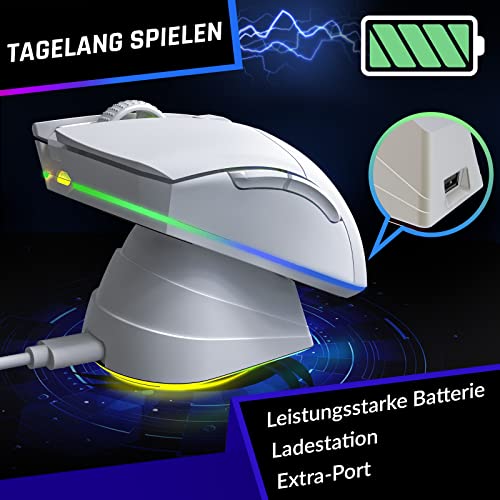 KLIM Blaze Pro Wiederaufladbare kabellose Maus - NEU - Gaming Maus mit RGB und Ladestation - Hochpräziser Sensor und langlebiger Akku - Bis zu 6000 DPI - Kabel- und Wireless Mouse für PC - Weiß Bild 4