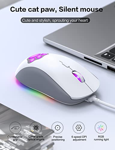 PHNIXGAM Cat Claw RGB-Gaming-Maus, leise optische Computermaus mit USB-Anschluss, 6 einstellbare DPI bis zu 7200, RGB-Beleuchtung, 6 programmierbare Windows/Vista/Linux-Tasten, Weiß Bild 2