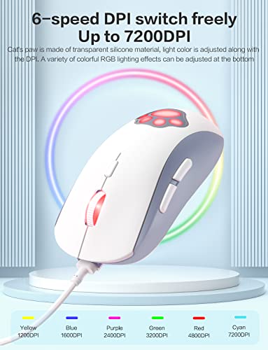 PHNIXGAM Cat Claw RGB-Gaming-Maus, leise optische Computermaus mit USB-Anschluss, 6 einstellbare DPI bis zu 7200, RGB-Beleuchtung, 6 programmierbare Windows/Vista/Linux-Tasten, Weiß Bild 3