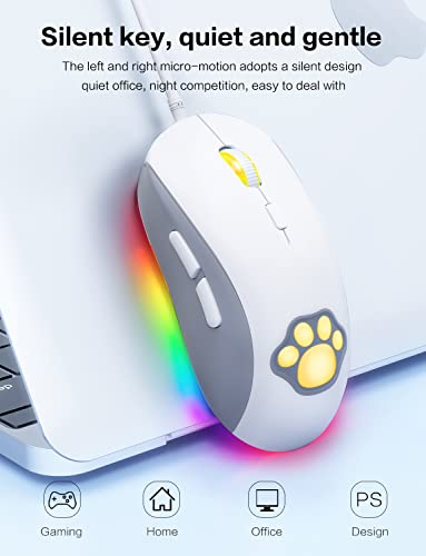 PHNIXGAM Cat Claw RGB-Gaming-Maus, leise optische Computermaus mit USB-Anschluss, 6 einstellbare DPI bis zu 7200, RGB-Beleuchtung, 6 programmierbare Windows/Vista/Linux-Tasten, Weiß Bild 5