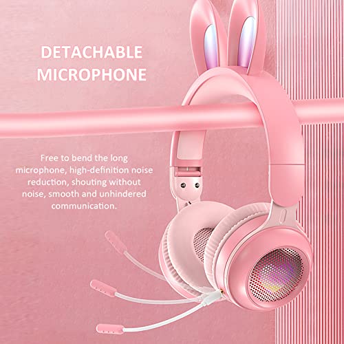 Yunseity Kinderkopfhörer, Bluetooth 5.0-Kopfhörer mit Hasenohr, Over-Ear-LED-Licht, Faltbares Kabelloses Headset, Unterstützung von TF/AUX, Geschenke für Kinder, Kleinkinder, Teenager(Rosa) Bild 2