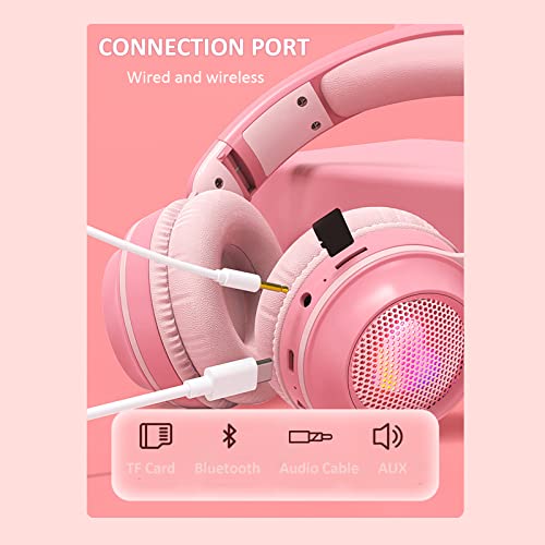 Yunseity Kinderkopfhörer, Bluetooth 5.0-Kopfhörer mit Hasenohr, Over-Ear-LED-Licht, Faltbares Kabelloses Headset, Unterstützung von TF/AUX, Geschenke für Kinder, Kleinkinder, Teenager(Rosa) Bild 4