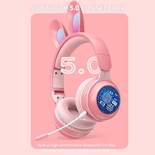 Yunseity Kinderkopfhörer, Bluetooth 5.0-Kopfhörer mit Hasenohr, Over-Ear-LED-Licht, Faltbares Kabelloses Headset, Unterstützung von TF/AUX, Geschenke für Kinder, Kleinkinder, Teenager(Rosa) Bild 5