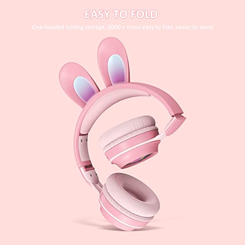 Yunseity Kinderkopfhörer, Bluetooth 5.0-Kopfhörer mit Hasenohr, Over-Ear-LED-Licht, Faltbares Kabelloses Headset, Unterstützung von TF/AUX, Geschenke für Kinder, Kleinkinder, Teenager(Rosa) Bild 6