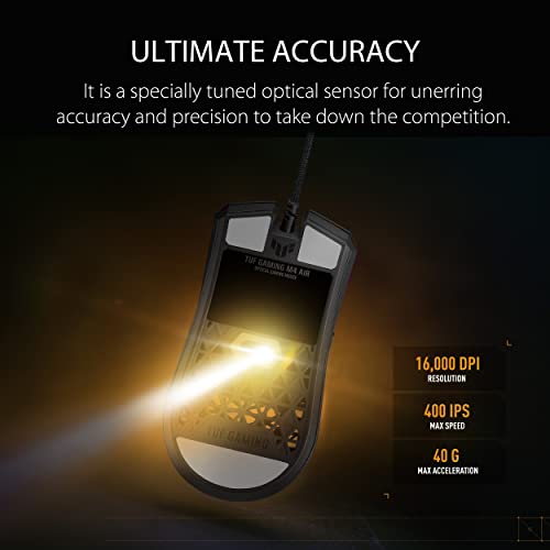 ASUS TUF Gaming M4 Air Leichte Gaming-Maus | 16.000 DPI Sensor, programmierbare Tasten, 47 g ultraleichte Air Shell, IPX6 Wasserbeständigkeit, TUF Gaming Paracord und reibungsarme PTFE-Füße, Schwarz Bild 5