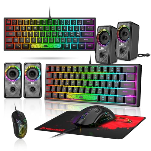 LexonElec Tastatur Maus Set Champing Zubehör PC Pack Combo – 60 Prozent Ultrakompakte Leuchtende Mini Tastatur QWERTY Layout Und 6400 DPI Maus Gaming Bass Lautsprecher Atmungsaktives Mauspad Bild 1