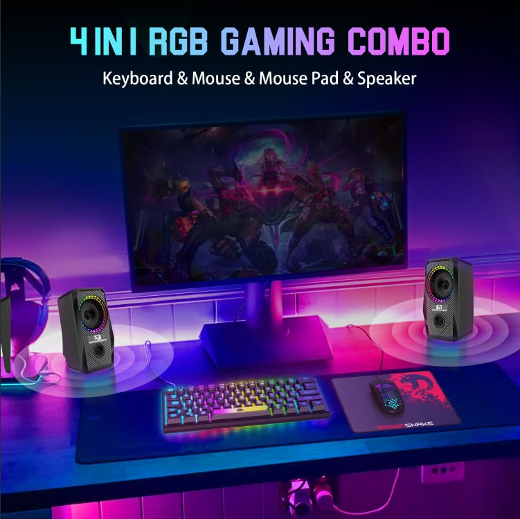 LexonElec Tastatur Maus Set Champing Zubehör PC Pack Combo – 60 Prozent Ultrakompakte Leuchtende Mini Tastatur QWERTY Layout Und 6400 DPI Maus Gaming Bass Lautsprecher Atmungsaktives Mauspad Bild 2