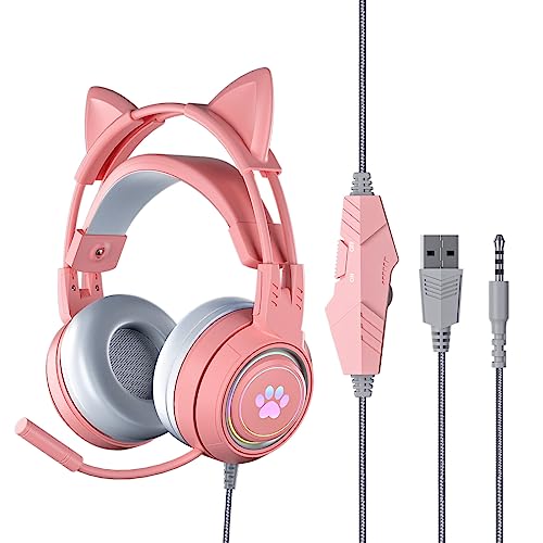 Yunseity Gaming-Headset, USB + 3,5 Mm Abnehmbarer Cat-Ear-Kopfhörer mit Noise-Cancelling-Mikrofon, Gaming-Kopfhörer für One, PC, Mobiltelefon(Rosa) Bild 1