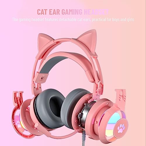 Yunseity Gaming-Headset, USB + 3,5 Mm Abnehmbarer Cat-Ear-Kopfhörer mit Noise-Cancelling-Mikrofon, Gaming-Kopfhörer für One, PC, Mobiltelefon(Rosa) Bild 2