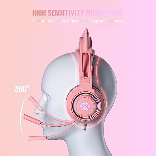 Yunseity Gaming-Headset, USB + 3,5 Mm Abnehmbarer Cat-Ear-Kopfhörer mit Noise-Cancelling-Mikrofon, Gaming-Kopfhörer für One, PC, Mobiltelefon(Rosa) Bild 3