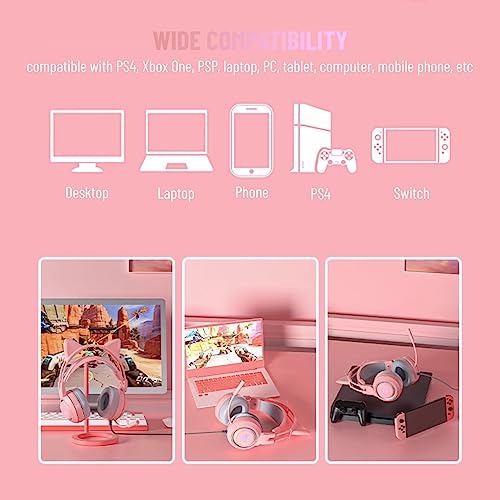 Yunseity Gaming-Headset, USB + 3,5 Mm Abnehmbarer Cat-Ear-Kopfhörer mit Noise-Cancelling-Mikrofon, Gaming-Kopfhörer für One, PC, Mobiltelefon(Rosa) Bild 5