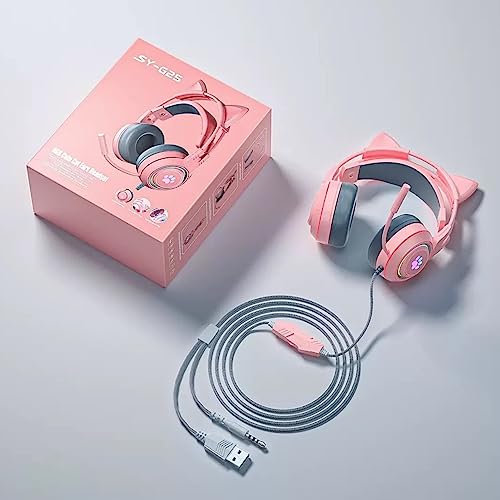 Yunseity Gaming-Headset, USB + 3,5 Mm Abnehmbarer Cat-Ear-Kopfhörer mit Noise-Cancelling-Mikrofon, Gaming-Kopfhörer für One, PC, Mobiltelefon(Rosa) Bild 7