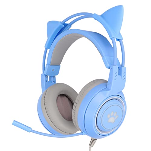 Yunseity Gaming-Headset, USB + 3,5 Mm Abnehmbarer Cat-Ear-Kopfhörer mit Noise-Cancelling-Mikrofon, Gaming-Kopfhörer für, One, PC, Mobiltelefon(Blau) Bild 2