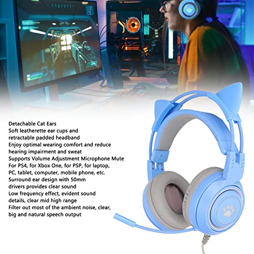 Yunseity Gaming-Headset, USB + 3,5 Mm Abnehmbarer Cat-Ear-Kopfhörer mit Noise-Cancelling-Mikrofon, Gaming-Kopfhörer für, One, PC, Mobiltelefon(Blau) Bild 4