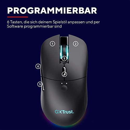Trust Gaming GXT 980 Redex Wiederaufladbare Kabellose Gaming-Maus, 200-10.000 DPI, Geringer Latenz, RGB-Maus, 6 Programmierbare Tasten, USB-Dongle, PC-Maus für Laptop, Computer, Windows – Schwarz Bild 6