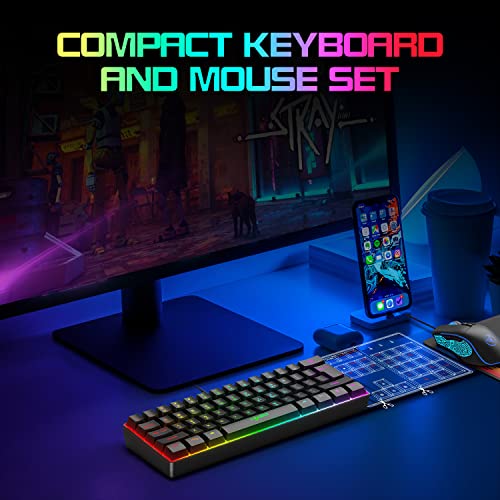 HXSJ V700 Gaming Tastatur und Maus Set,60% Kompakte Tastatur,61 Tasten,TKL Layout,RGB-Beleuchtung,Optische Gaming-Sensormaus mit 7 Tasten,7-Farbiges LED-Licht,Bis zu 3600 DPI,für PC,Mac-Schwarz Bild 2