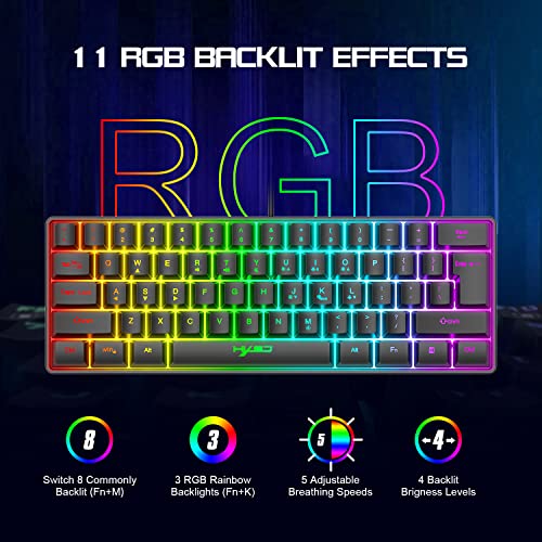 HXSJ V700 Gaming Tastatur und Maus Set,60% Kompakte Tastatur,61 Tasten,TKL Layout,RGB-Beleuchtung,Optische Gaming-Sensormaus mit 7 Tasten,7-Farbiges LED-Licht,Bis zu 3600 DPI,für PC,Mac-Schwarz Bild 3