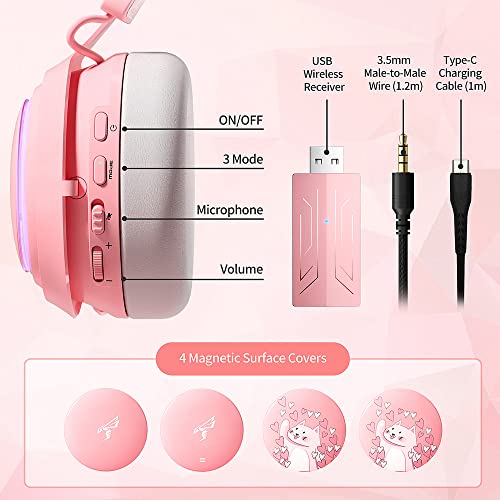 SOMIC Cat Ear Kopfhörer, 2.4GHz Wireless Gaming Headset für PS4/5, PC, Bluetooth,für Smartphone, Einziehbares Mikrofon, RGB Beleuchtung, 7.1 Surround Sound, Nette Katze Ohr für Mädchen Bild 6