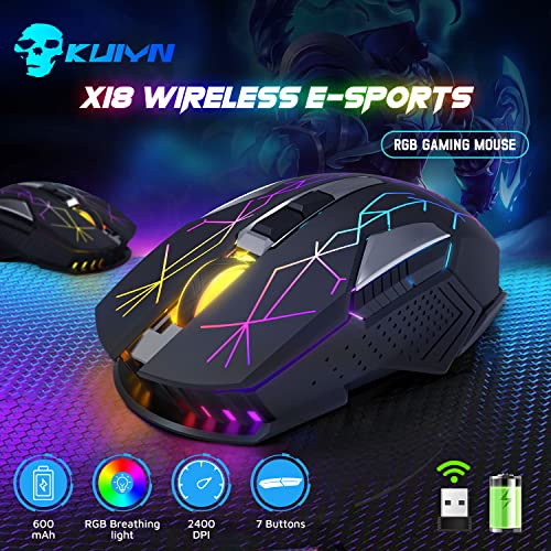X18 Kabellose Gaming-Maus 2,4 G, wiederaufladbar, 600 mAh Lange Lebensdauer, 7 RGB-Lichter, 2400 DPI, intelligente Energieeinsparung, leises Klicken, USB-Empfänger, optisch, für PC/Mac/PS4/XBOX Bild 3