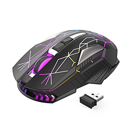 Kabellose Gaming-Maus, 2400 DPI, Seitentaste, USB Empfänger, Atmung RGB-Beleuchtung, 7 Tasten Lautloses Klicken, 2.4 GHz Wiederaufladbar Wireless Mouse, Gaming-Maus für Laptop, PC - Stern Schwarz Bild 1