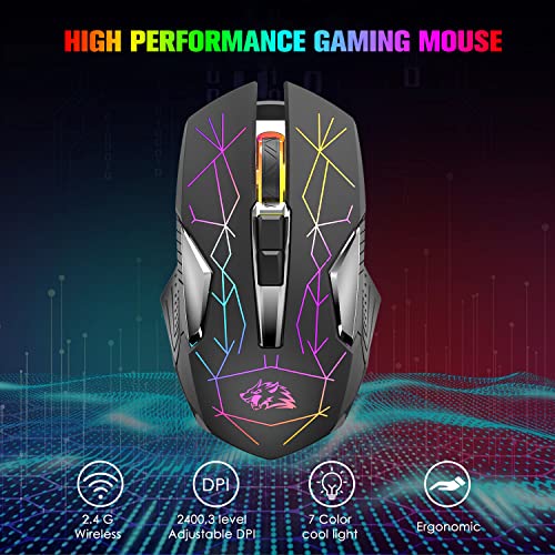 Kabellose Gaming-Maus, 2400 DPI, Seitentaste, USB Empfänger, Atmung RGB-Beleuchtung, 7 Tasten Lautloses Klicken, 2.4 GHz Wiederaufladbar Wireless Mouse, Gaming-Maus für Laptop, PC - Stern Schwarz Bild 2