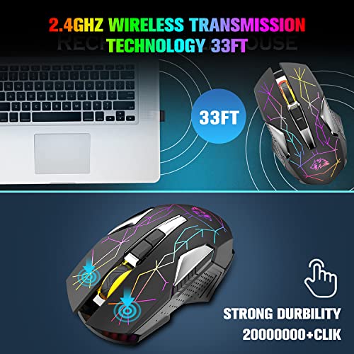 Kabellose Gaming-Maus, 2400 DPI, Seitentaste, USB Empfänger, Atmung RGB-Beleuchtung, 7 Tasten Lautloses Klicken, 2.4 GHz Wiederaufladbar Wireless Mouse, Gaming-Maus für Laptop, PC - Stern Schwarz Bild 3