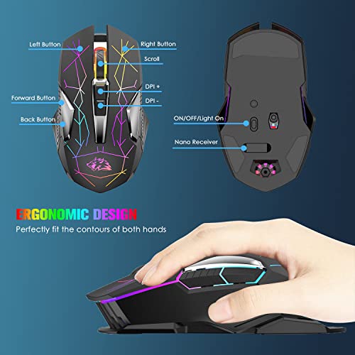 Kabellose Gaming-Maus, 2400 DPI, Seitentaste, USB Empfänger, Atmung RGB-Beleuchtung, 7 Tasten Lautloses Klicken, 2.4 GHz Wiederaufladbar Wireless Mouse, Gaming-Maus für Laptop, PC - Stern Schwarz Bild 4