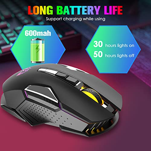 Kabellose Gaming-Maus, 2400 DPI, Seitentaste, USB Empfänger, Atmung RGB-Beleuchtung, 7 Tasten Lautloses Klicken, 2.4 GHz Wiederaufladbar Wireless Mouse, Gaming-Maus für Laptop, PC - Stern Schwarz Bild 5