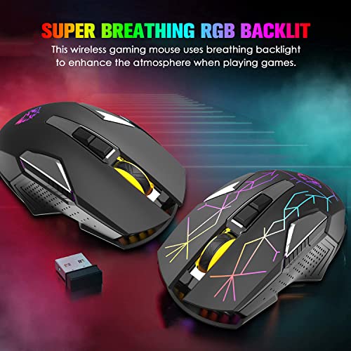 Kabellose Gaming-Maus, 2400 DPI, Seitentaste, USB Empfänger, Atmung RGB-Beleuchtung, 7 Tasten Lautloses Klicken, 2.4 GHz Wiederaufladbar Wireless Mouse, Gaming-Maus für Laptop, PC - Stern Schwarz Bild 6