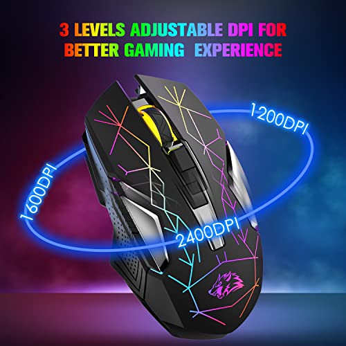 Kabellose Gaming-Maus, 2400 DPI, Seitentaste, USB Empfänger, Atmung RGB-Beleuchtung, 7 Tasten Lautloses Klicken, 2.4 GHz Wiederaufladbar Wireless Mouse, Gaming-Maus für Laptop, PC - Stern Schwarz Bild 7