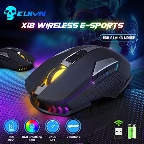 X18 Kabellose Gaming-Maus 2,4 G, wiederaufladbar, 600 mAh Lange Lebensdauer, 7 RGB-Lichter, 2400 DPI, intelligente Energieeinsparung, leises Klicken, USB-Empfänger, optisch, für PC/Mac/PS4/XBOX Bild 2