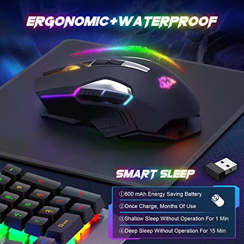 X18 Kabellose Gaming-Maus 2,4 G, wiederaufladbar, 600 mAh Lange Lebensdauer, 7 RGB-Lichter, 2400 DPI, intelligente Energieeinsparung, leises Klicken, USB-Empfänger, optisch, für PC/Mac/PS4/XBOX Bild 3