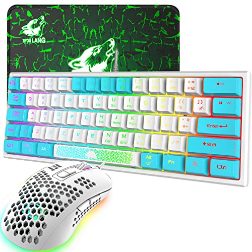 K61 UK-Layout 60 % Gaming-Tastatur-Maus-Set Kabelgebundene 62 Tasten 7 RGB-LED-Hintergrundbeleuchtung 19 Tasten Anti-Ghosting+ 2400 DPI Ultraleichte Gaming-Maus mit Wabenschale+Mauspad-Weiß gemischt Bild 1