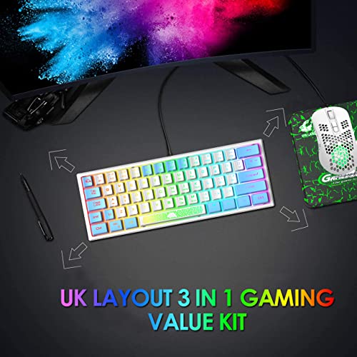 K61 UK-Layout 60 % Gaming-Tastatur-Maus-Set Kabelgebundene 62 Tasten 7 RGB-LED-Hintergrundbeleuchtung 19 Tasten Anti-Ghosting+ 2400 DPI Ultraleichte Gaming-Maus mit Wabenschale+Mauspad-Weiß gemischt Bild 2