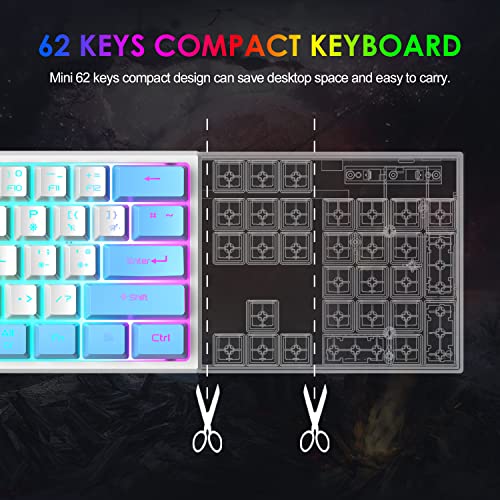K61 UK-Layout 60 % Gaming-Tastatur-Maus-Set Kabelgebundene 62 Tasten 7 RGB-LED-Hintergrundbeleuchtung 19 Tasten Anti-Ghosting+ 2400 DPI Ultraleichte Gaming-Maus mit Wabenschale+Mauspad-Weiß gemischt Bild 3