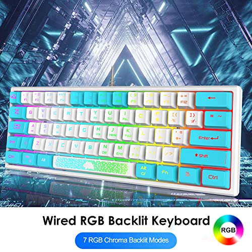 K61 UK-Layout 60 % Gaming-Tastatur-Maus-Set Kabelgebundene 62 Tasten 7 RGB-LED-Hintergrundbeleuchtung 19 Tasten Anti-Ghosting+ 2400 DPI Ultraleichte Gaming-Maus mit Wabenschale+Mauspad-Weiß gemischt Bild 4