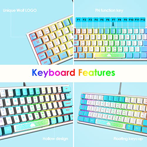 K61 UK-Layout 60 % Gaming-Tastatur-Maus-Set Kabelgebundene 62 Tasten 7 RGB-LED-Hintergrundbeleuchtung 19 Tasten Anti-Ghosting+ 2400 DPI Ultraleichte Gaming-Maus mit Wabenschale+Mauspad-Weiß gemischt Bild 5