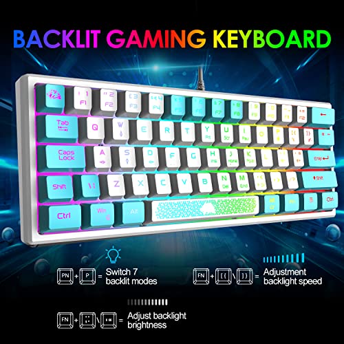 K61 UK-Layout 60 % Gaming-Tastatur-Maus-Set Kabelgebundene 62 Tasten 7 RGB-LED-Hintergrundbeleuchtung 19 Tasten Anti-Ghosting+ 2400 DPI Ultraleichte Gaming-Maus mit Wabenschale+Mauspad-Weiß gemischt Bild 6