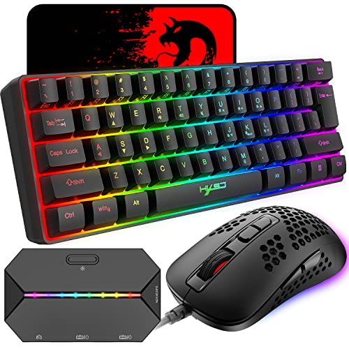 60% kabelgebundene kompakte Gaming-Tastatur, 61 Tasten, 11 RGB volle Tasten, Anti-Ghosting + leichte Gaming-Maus, 2400 DPI, optische Maus mit Wabenmuster, Adapter für PS4/Xbox-Gamer, Schwarz Bild 1