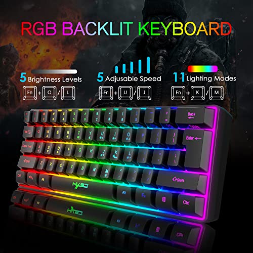 60% kabelgebundene kompakte Gaming-Tastatur, 61 Tasten, 11 RGB volle Tasten, Anti-Ghosting + leichte Gaming-Maus, 2400 DPI, optische Maus mit Wabenmuster, Adapter für PS4/Xbox-Gamer, Schwarz Bild 4