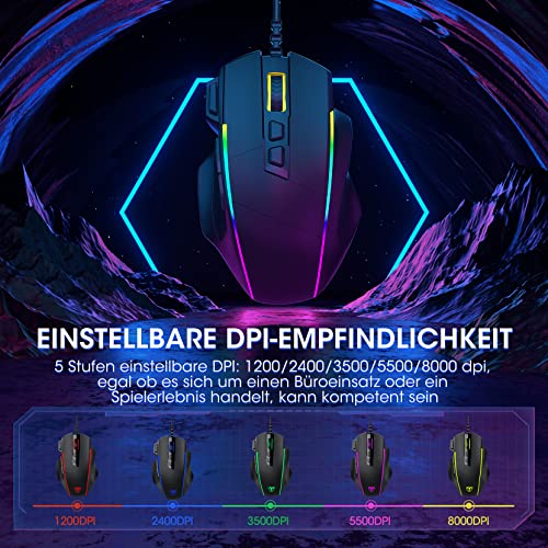 Gaming Maus, Gaming Mouse mit 8 Programmierbare Tasten und Einstellbar 8000 DPI, RGB Beleuchtung PC Maus mit Kabel,USB-Wired Mouse mit Feuertaste ergonomisches für MMO,FPS,MOBA,Windows,PC,Mac Bild 2