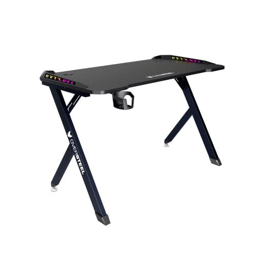 Oversteel - Vitallium Gaming-Tisch 120x60x75 cm, RGB-LED-Beleuchtung, Kohlefaser-Oberfläche, ergonomisch, Tassen- und Headset-Halter, Computer-Schreibtisch, Schwarz Bild 1
