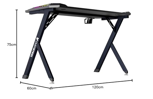 Oversteel - Vitallium Gaming-Tisch 120x60x75 cm, RGB-LED-Beleuchtung, Kohlefaser-Oberfläche, ergonomisch, Tassen- und Headset-Halter, Computer-Schreibtisch, Schwarz Bild 2