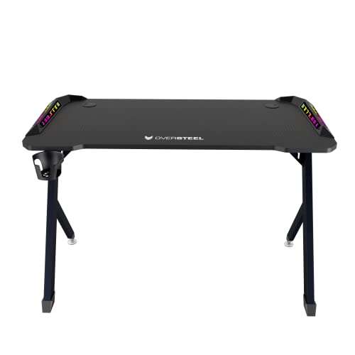 Oversteel - Vitallium Gaming-Tisch 120x60x75 cm, RGB-LED-Beleuchtung, Kohlefaser-Oberfläche, ergonomisch, Tassen- und Headset-Halter, Computer-Schreibtisch, Schwarz Bild 4