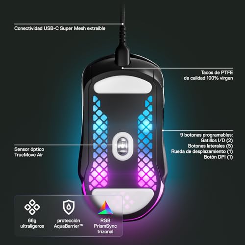 SteelSeries Aerox 5 Holey RGB-Gaming-Maus, ultraleichtes, wasserabweisendes Design, 18 K DPI TrueMove Air optischer Sensor Bild 4