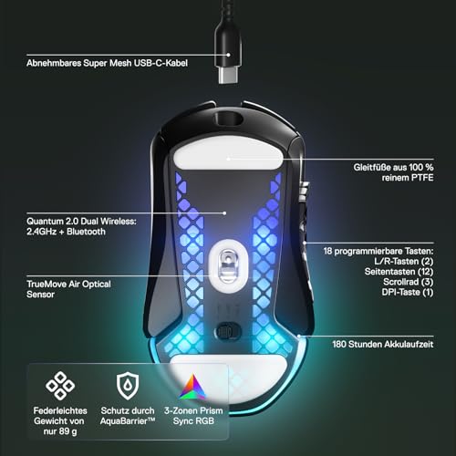 SteelSeries Aerox 9 Wireless - RGB Gaming-Mouse mit Öffnungen in der Oberfläche - Federleichtes, wasserabweisendes Design - 18 Tasten - Bluetooth/2,4 GHz – Optischer TrueMove Air-Sensor mit 18.000 DPI Bild 4