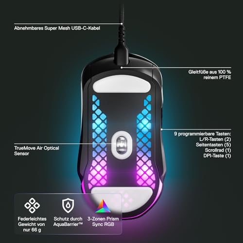 SteelSeries Aerox 5 - RGB Gaming-Mouse mit Öffnungen in der Oberfläche - Federleicht und wasserabweisend - Optischer TrueMove Air-Sensor mit 18.000 DPI Bild 2