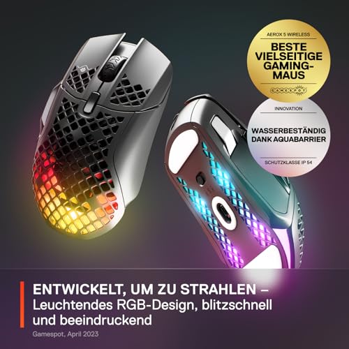 SteelSeries Aerox 5 Wireless – RGB Gaming-Mouse mit Öffnungen in der Oberfläche – Federleichtes, wasserabweisendes Design – 9 Tasten – Bluetooth/2,4 GHz – Optischer TrueMove Air-Sensor mit 18.000 DPI Bild 2