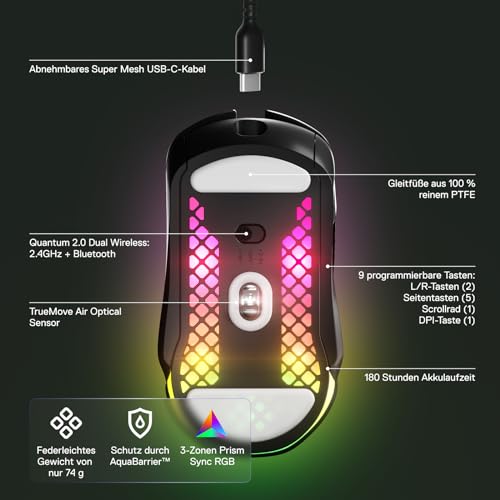 SteelSeries Aerox 5 Wireless – RGB Gaming-Mouse mit Öffnungen in der Oberfläche – Federleichtes, wasserabweisendes Design – 9 Tasten – Bluetooth/2,4 GHz – Optischer TrueMove Air-Sensor mit 18.000 DPI Bild 3